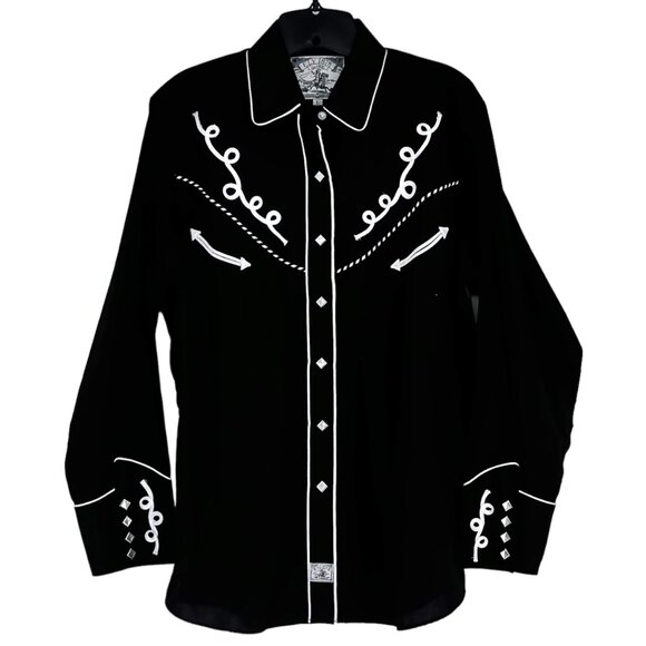Ely Cattleman for Her Tops - Ely Cattleman For Her Pearl Snap Shirt L Black Western Rodeo Cowgirl Rockabilly